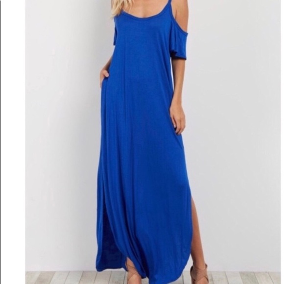 1 Medium LEFT! Cold Shoulder Maxi Dress Royal Blue - Picture 7 of 8